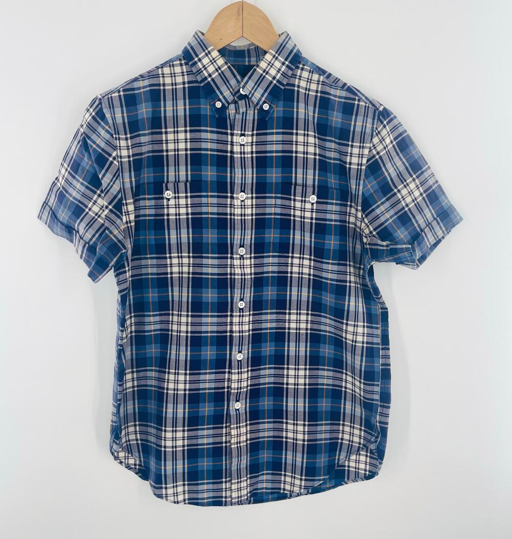 LL Bean Blue Madras Plaid Button Down Short Sleeve Shirt Mens Small